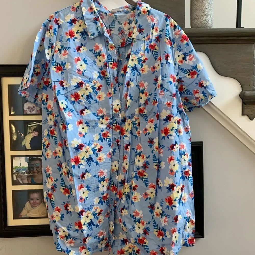 Woman Within Blue Floral Shirt Sleeve Button Down Too sz 1X